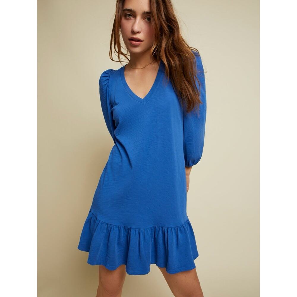 Nation LTD Danika Flounce Dress in Workman Blue Womens M Cotton Slub 3/4 Sleeve